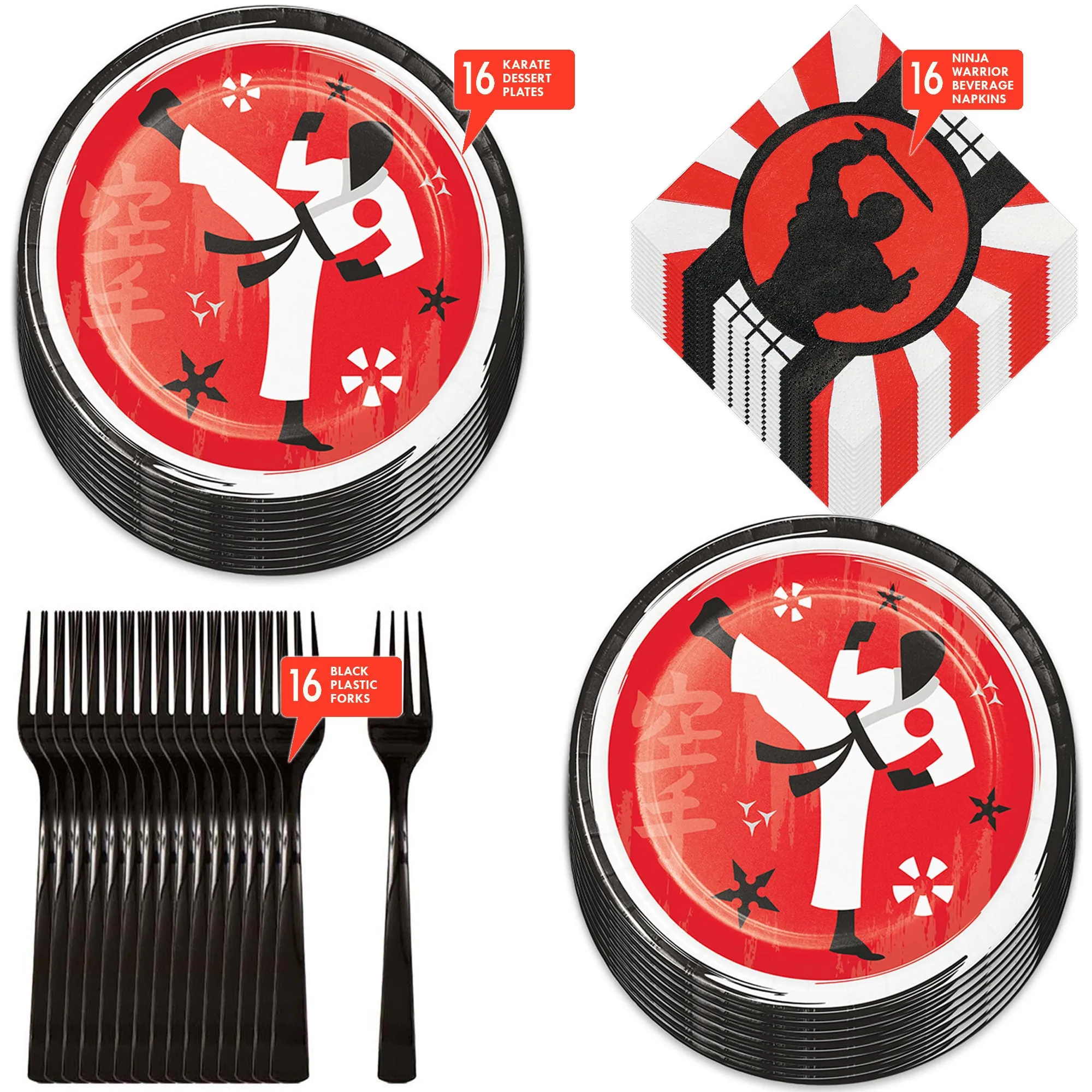 Karate Martial Arts Paper Dessert Plates, Beverage Napkins, and Forks (Serves 16)