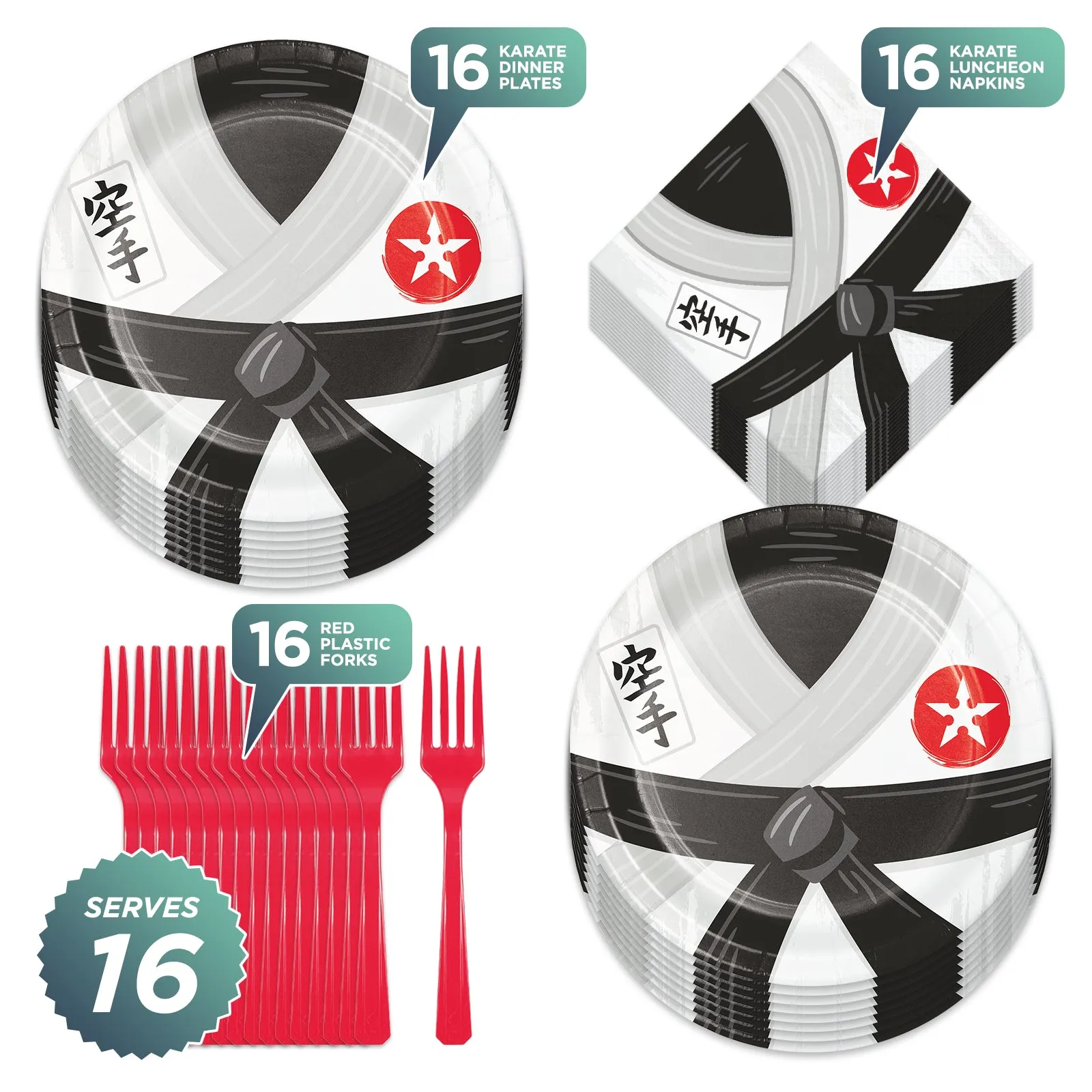 Karate Martial Arts Paper Dinner Plates, Luncheon Napkins, and Forks (Serves 16)