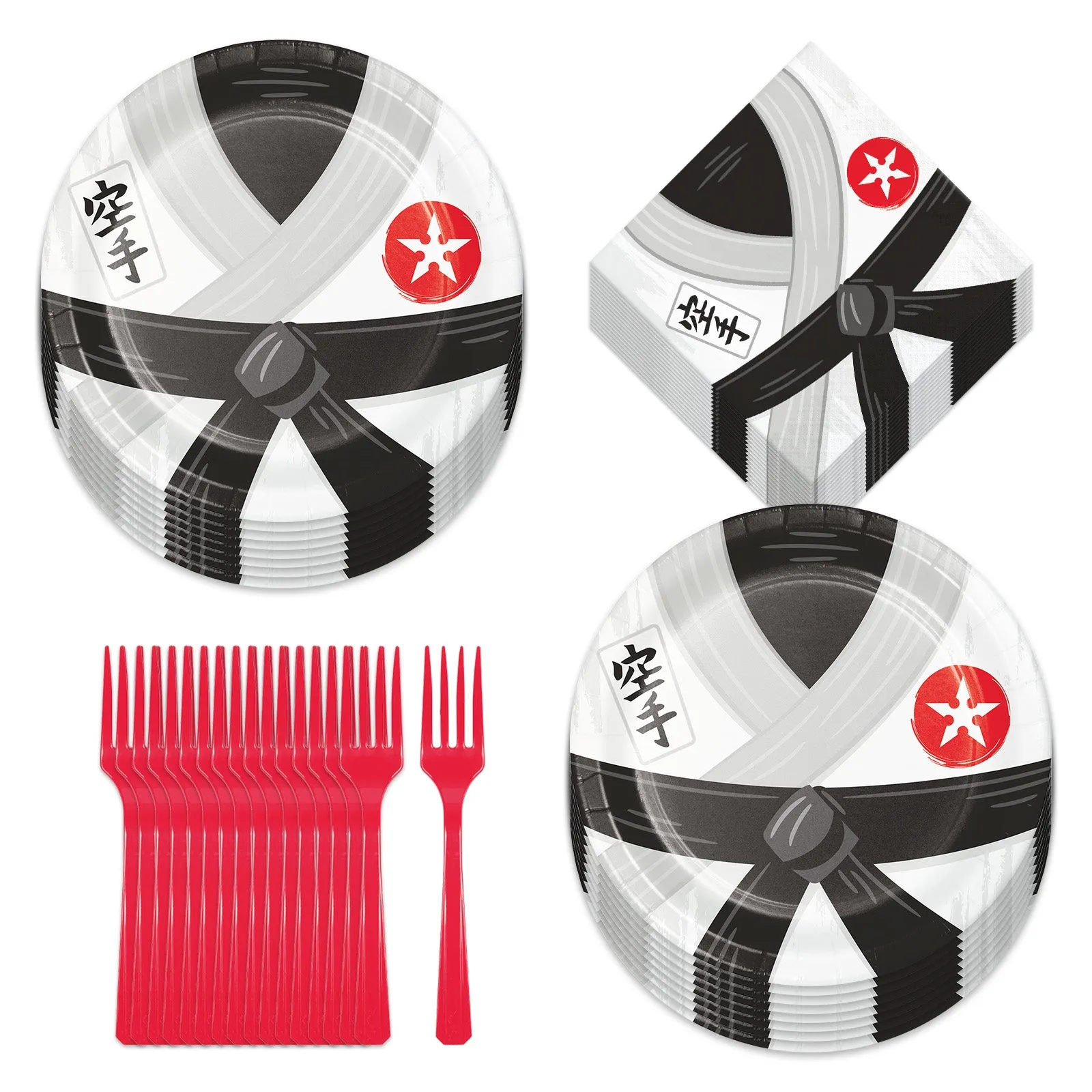 Karate Martial Arts Paper Dinner Plates, Luncheon Napkins, and Forks (Serves 16)