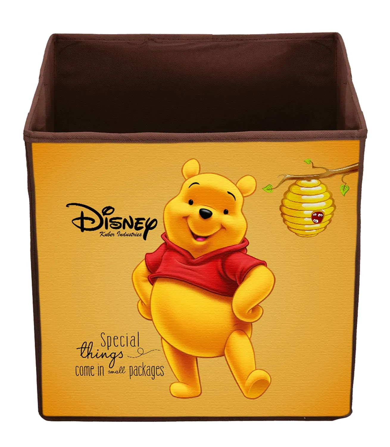 Kuber Industries Disney Winnie-The-Pooh Print Non Woven Fabric Foldable Cloth Storage Box Toy, Books Wardrobe Organiser Cube with Handle (Brown, Large) - 3 Pieces