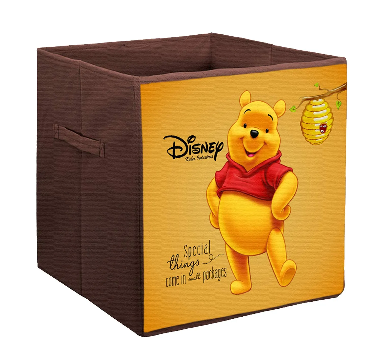 Kuber Industries Disney Winnie-The-Pooh Print Non Woven Fabric Foldable Cloth Storage Box Toy, Books Wardrobe Organiser Cube with Handle (Brown, Large) - 3 Pieces