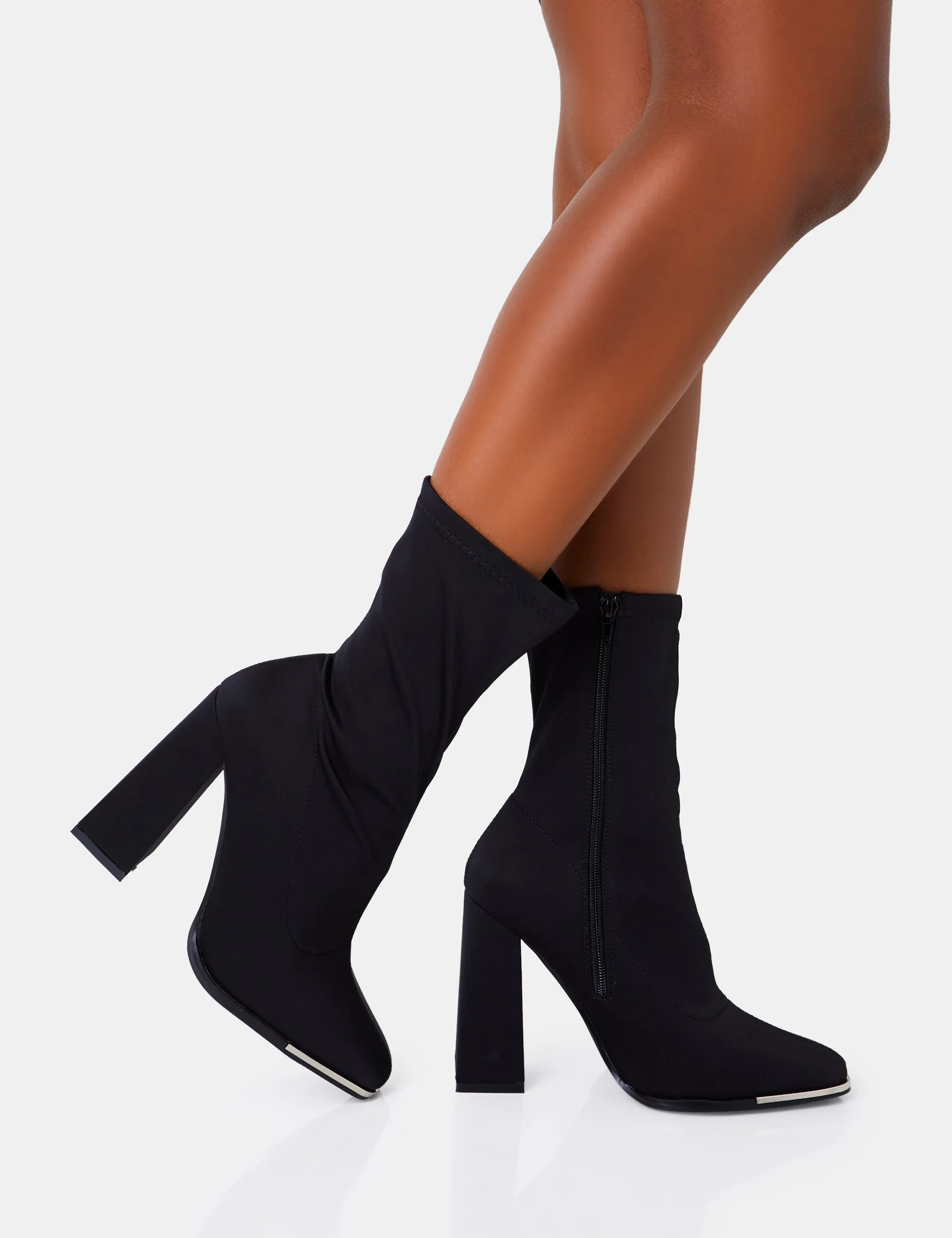 Liberty Wide FIt Black Lycra Sock Block Heeled Ankle Boots