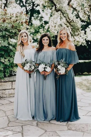 Long Chiffon Off The Shoulder Slate Gray Bridesmaid Dresses  BD077