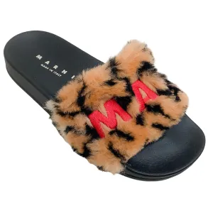 Marni Camel / Black Leopard Faux Fur Embroidered Logo Slide Sandals