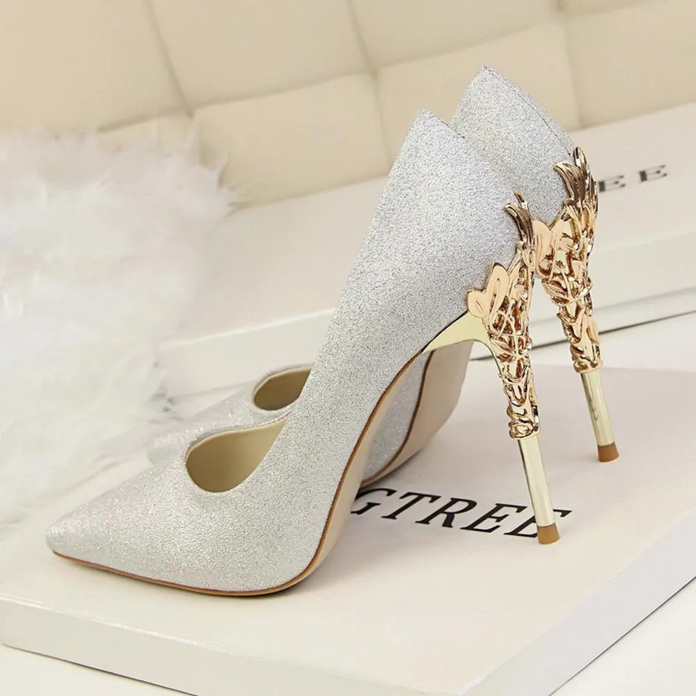 Metal Carved Thin Heel High Heels Pumps Shoes