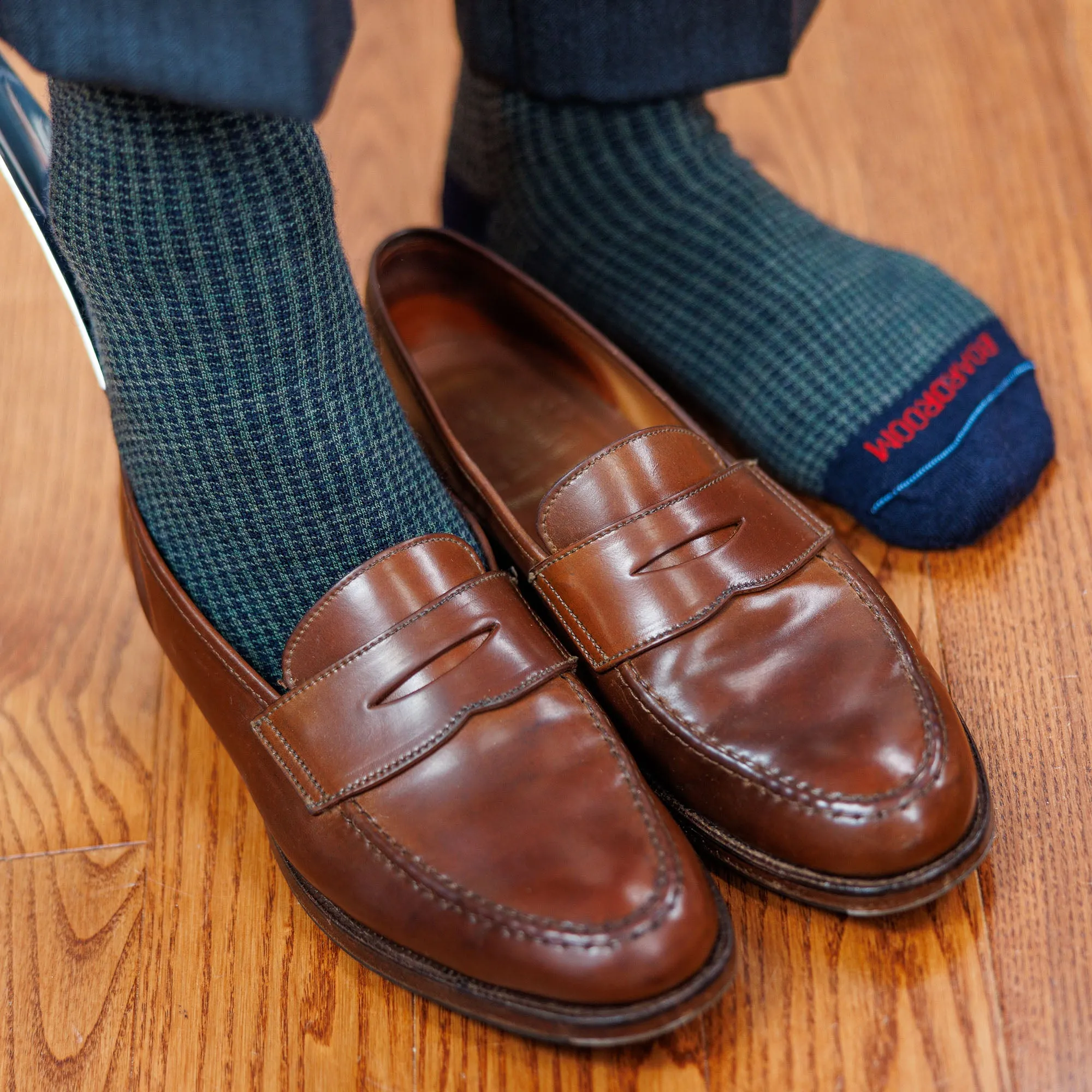 Olive and Navy Houndstooth Merino Wool Over the Calf Dress Socks