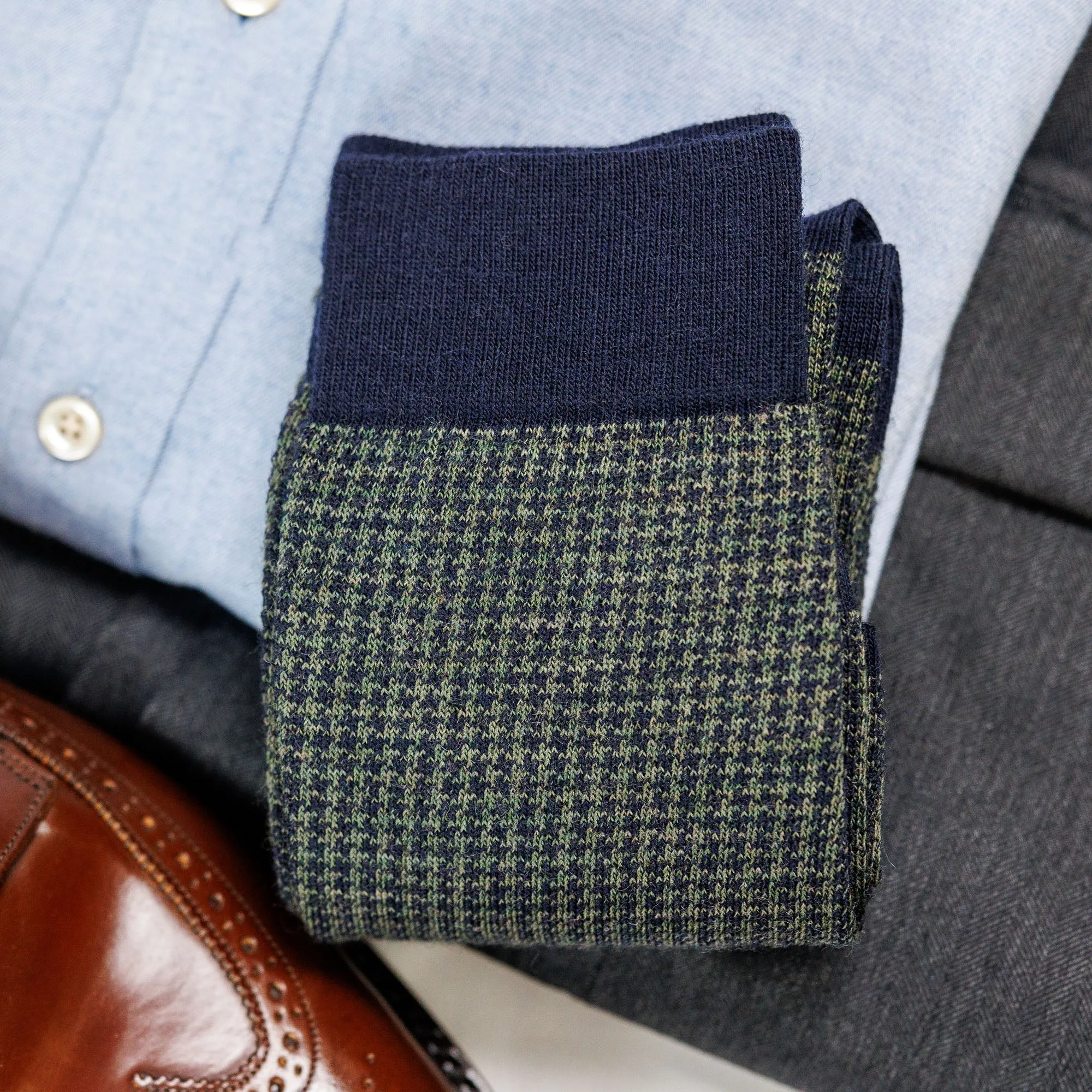 Olive and Navy Houndstooth Merino Wool Over the Calf Dress Socks