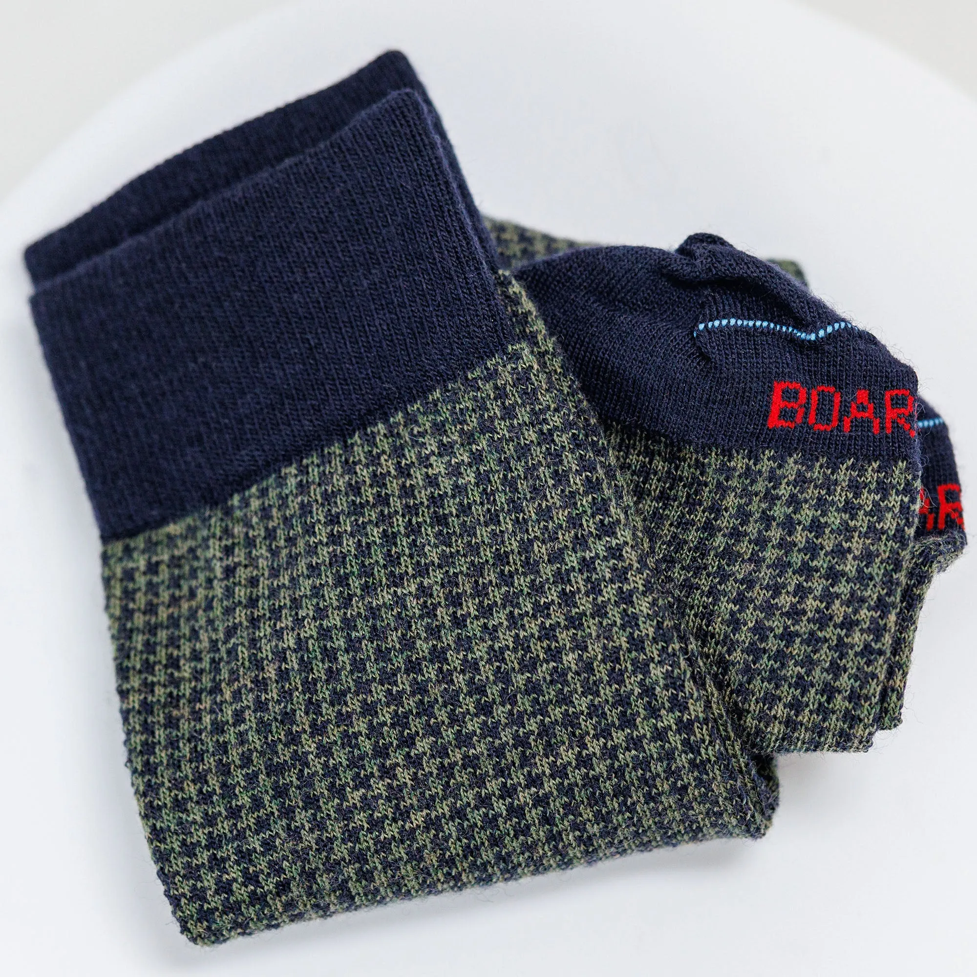 Olive and Navy Houndstooth Merino Wool Over the Calf Dress Socks