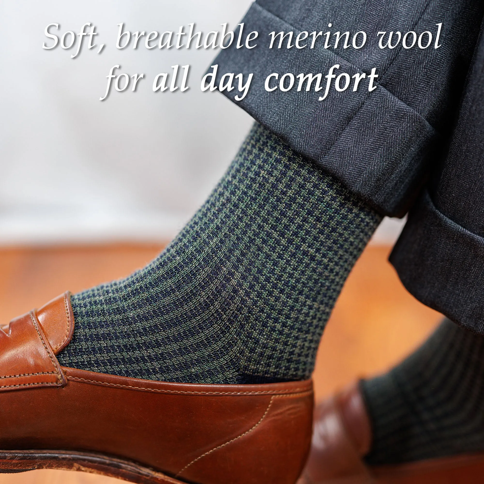 Olive and Navy Houndstooth Merino Wool Over the Calf Dress Socks