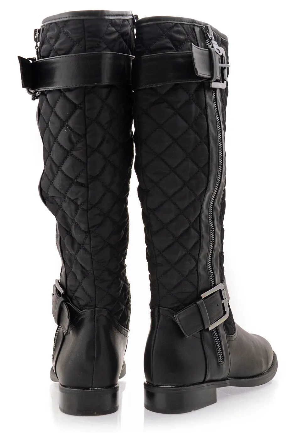 PAVIA Black Matte Quilted Knee-High Boots