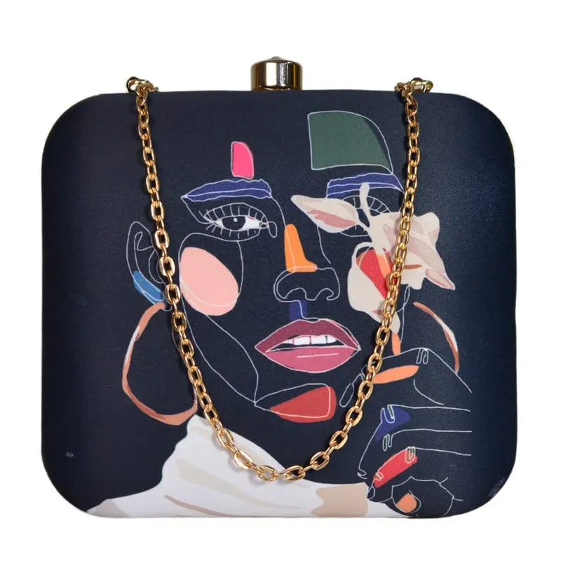 Printed Portrait Black Clutch