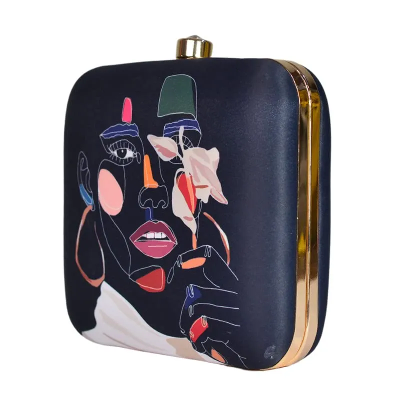 Printed Portrait Black Clutch