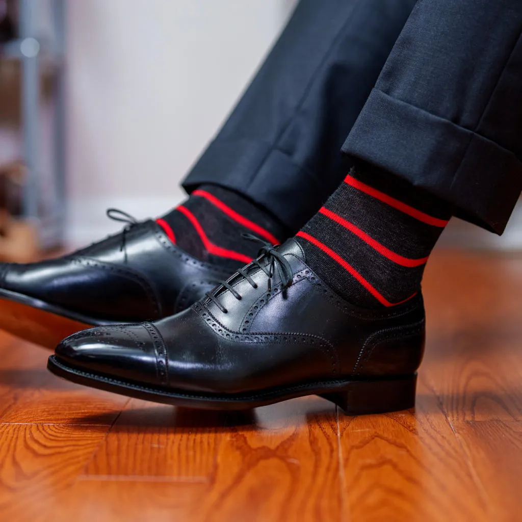 Red and Charcoal Striped Merino Wool Mid Calf Dress Socks