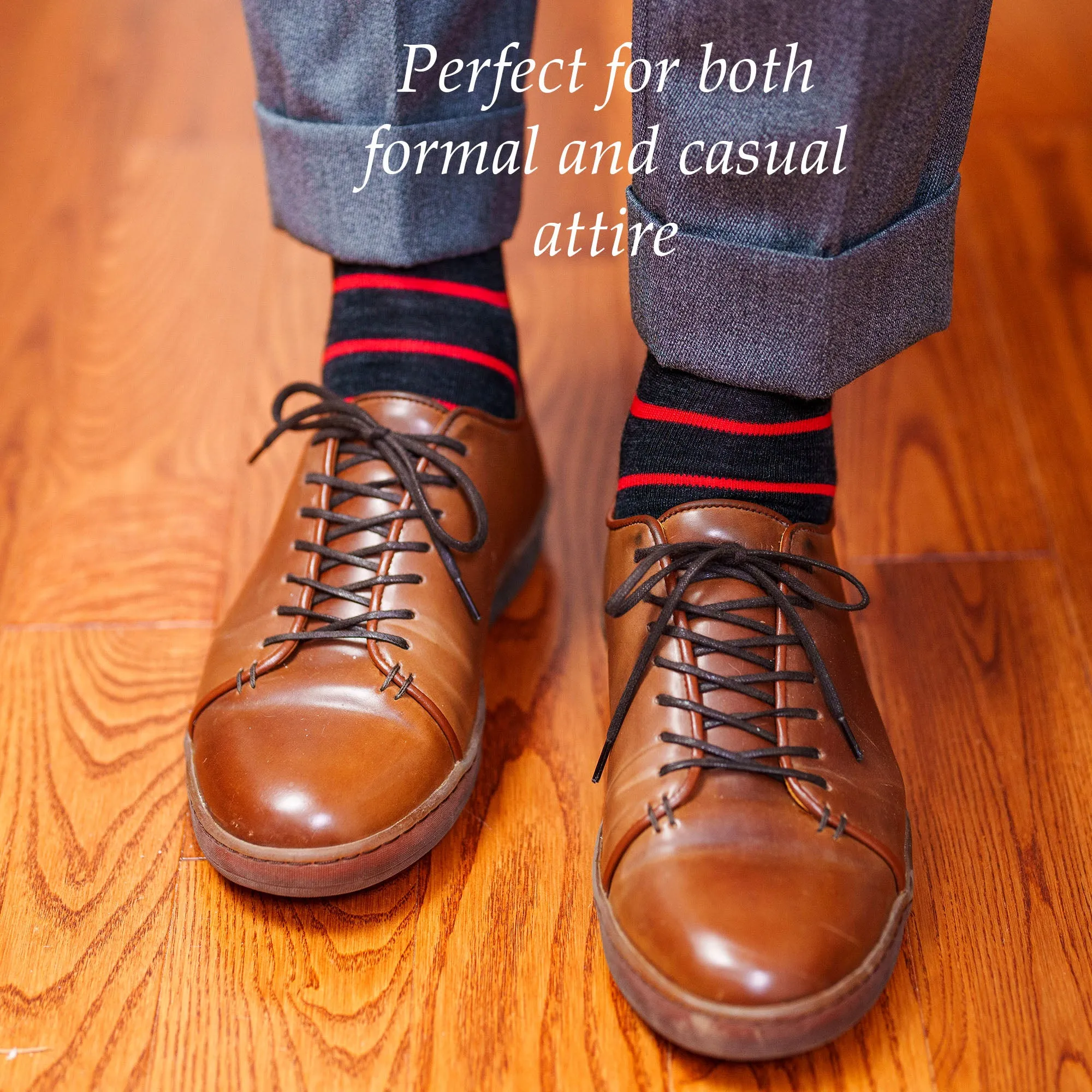 Red and Charcoal Striped Merino Wool Over the Calf Dress Socks