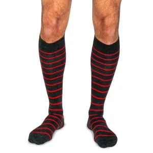 Red and Charcoal Striped Merino Wool Over the Calf Dress Socks