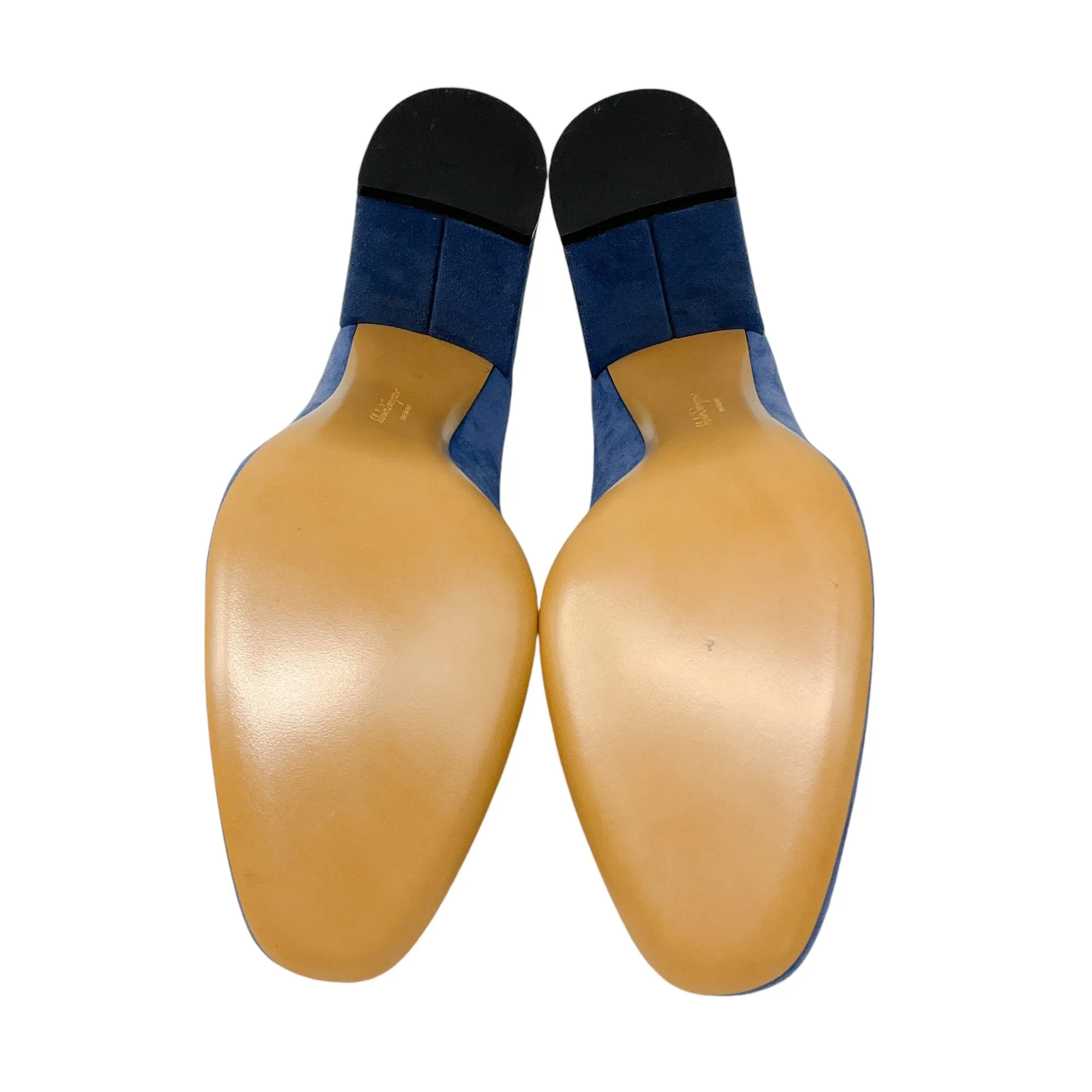 Salvatore Ferragamo Blue Round Toe Suede Pumps