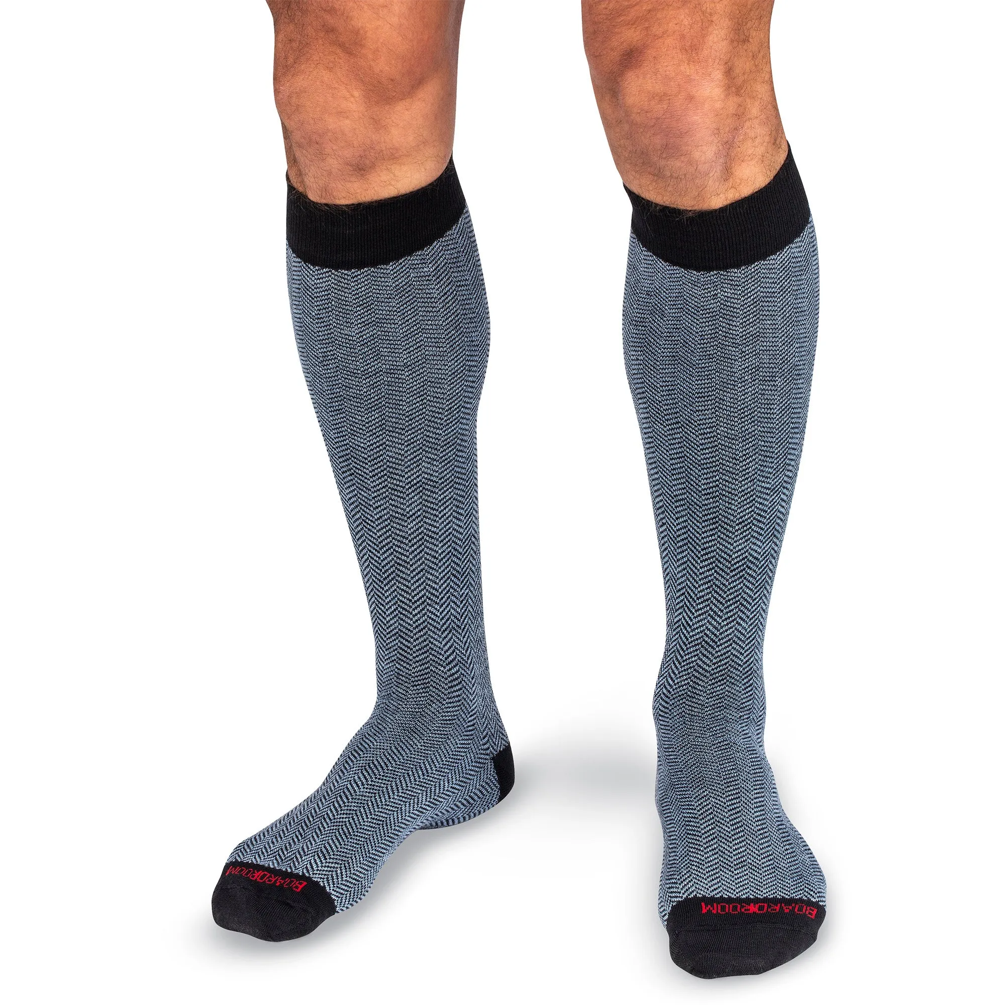 Sky Blue and Black Herringbone Merino Wool Over the Calf Dress Socks