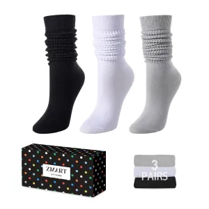 Slouch Socks for Women Girls - Scrunch Socks for Women Pack, Long High Tube High Socks White Black Grey 3 Pairs