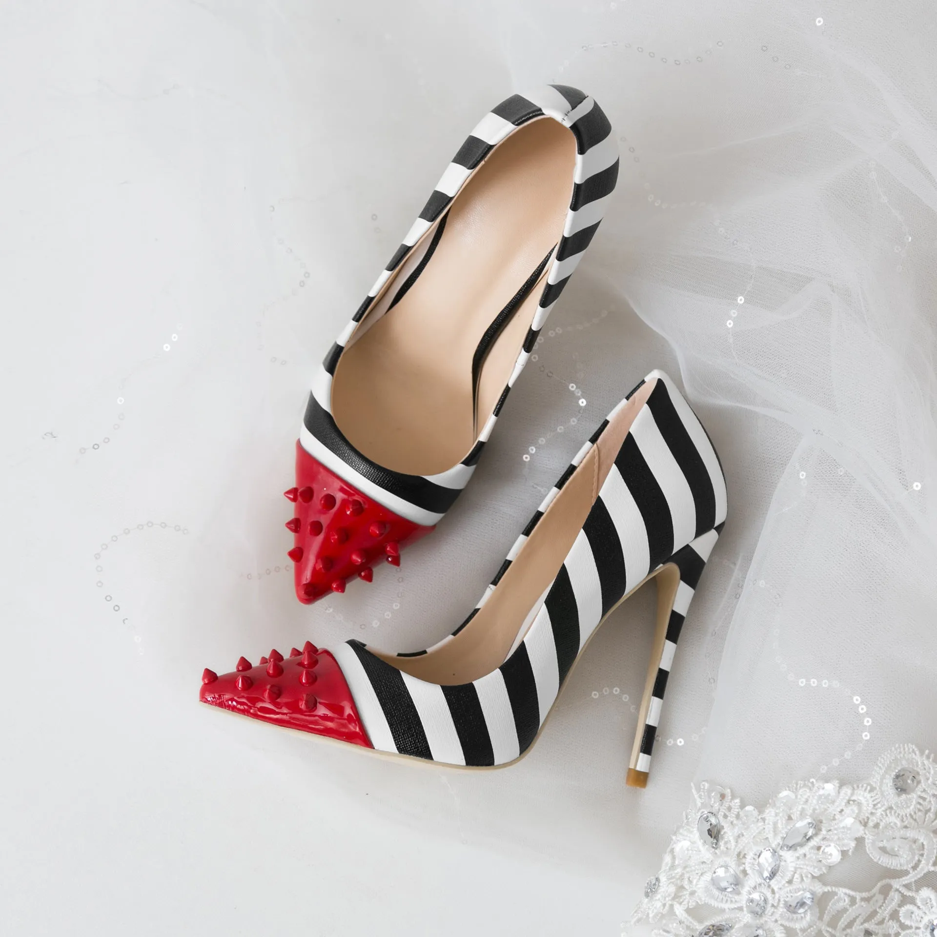 Studded Red Toe Black & White Zebra Striped Pumps