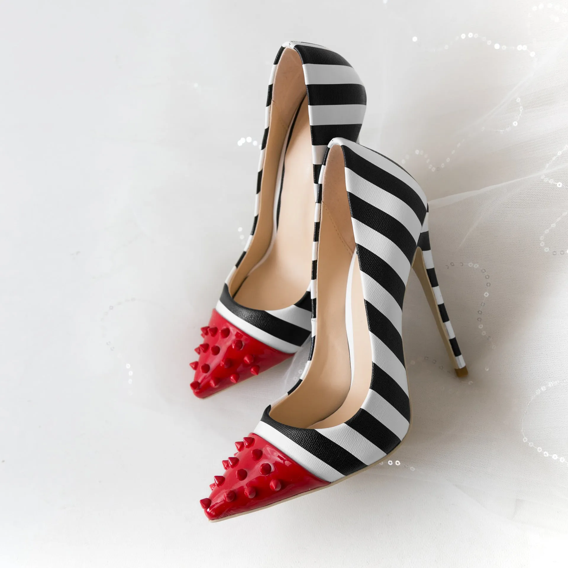 Studded Red Toe Black & White Zebra Striped Pumps