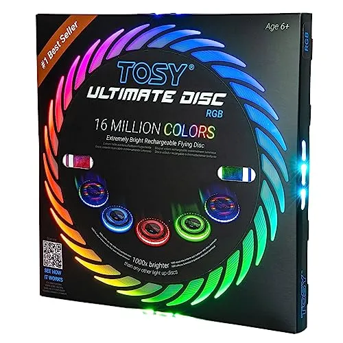 TOSY Flying Disc - 16 Million Color RGB or 36 or 360 LEDs, Extremely Bright, Smart Modes, Auto Light Up, Rechargeable, Perfect Birthday & Camping Gift for Men/Boys/Teens/Kids, 175g frisbees