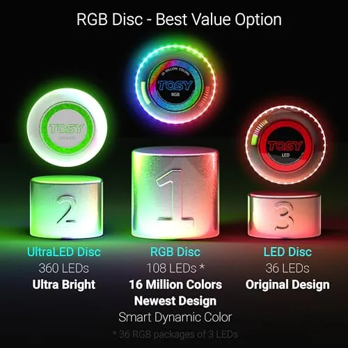 TOSY Flying Disc - 16 Million Color RGB or 36 or 360 LEDs, Extremely Bright, Smart Modes, Auto Light Up, Rechargeable, Perfect Birthday & Camping Gift for Men/Boys/Teens/Kids, 175g frisbees