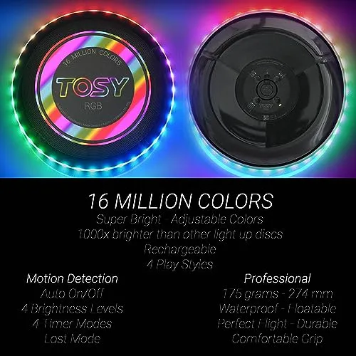 TOSY Flying Disc - 16 Million Color RGB or 36 or 360 LEDs, Extremely Bright, Smart Modes, Auto Light Up, Rechargeable, Perfect Birthday & Camping Gift for Men/Boys/Teens/Kids, 175g frisbees