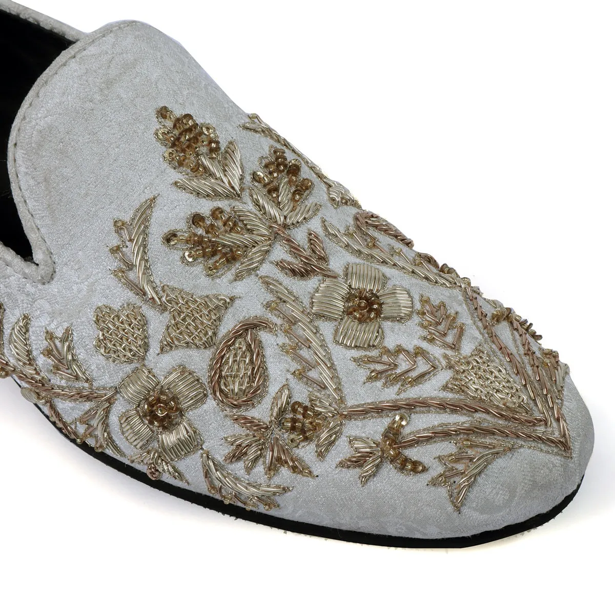 White Floral Zardosi Slip-On Shoes For Men