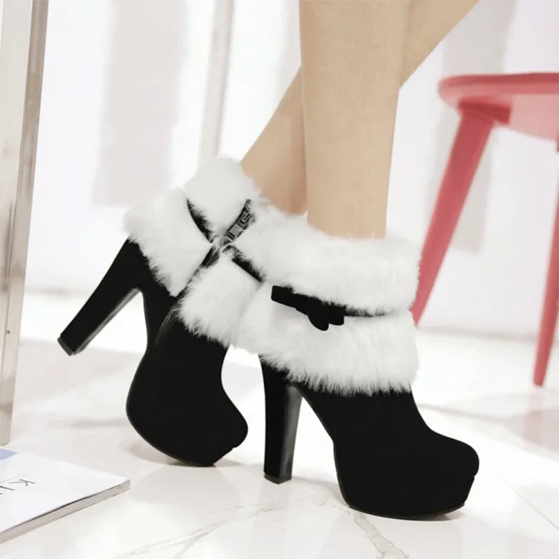 Winter Women Boots Christmas Ankle Boots High Heels Ladies Shoes Femme Warm Short Boots Red Black Shoes Plus Size 35-43