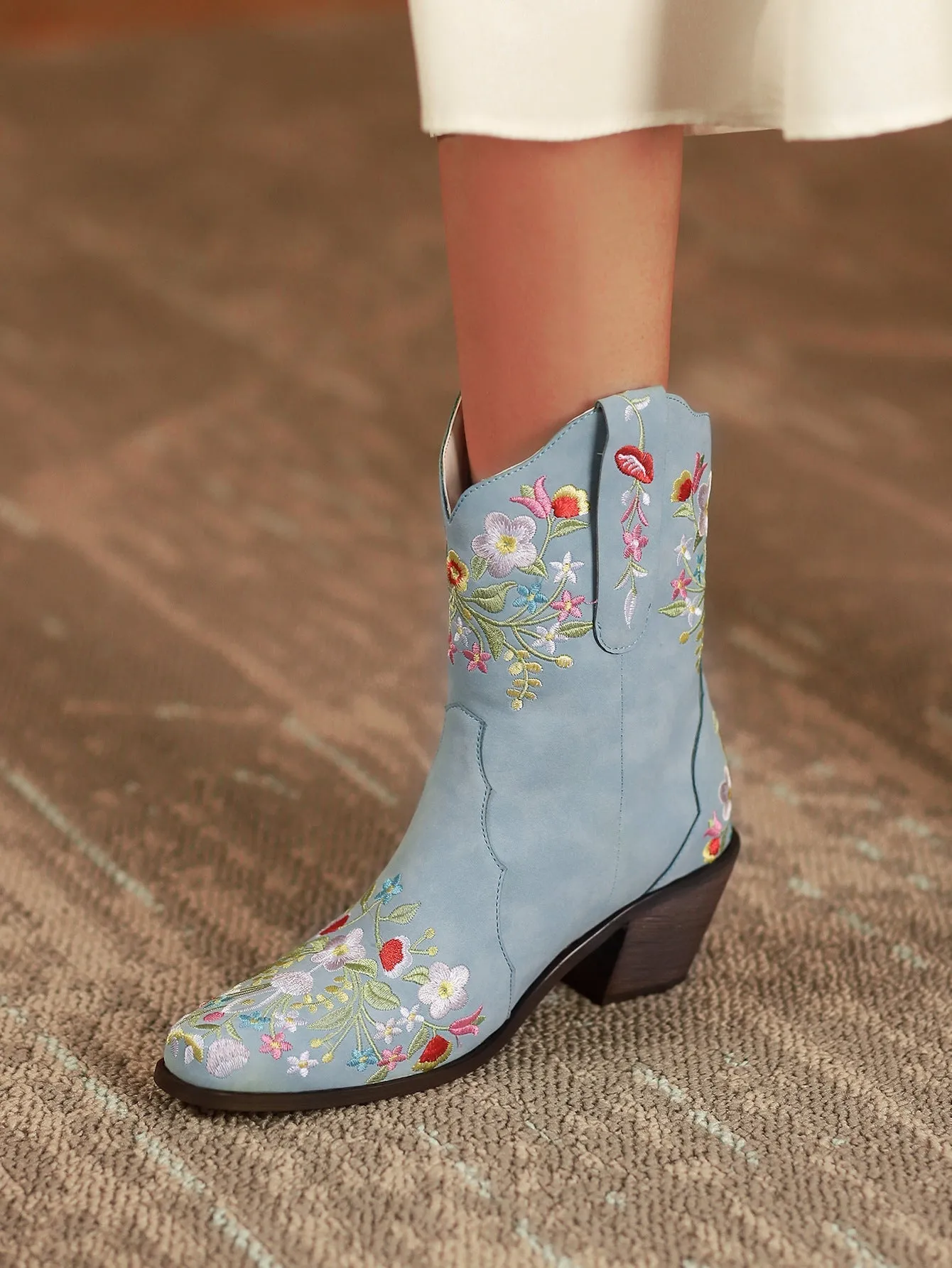 Women cowboy boots | Embroidered flower chunky heel short boots | Square toed blue boots