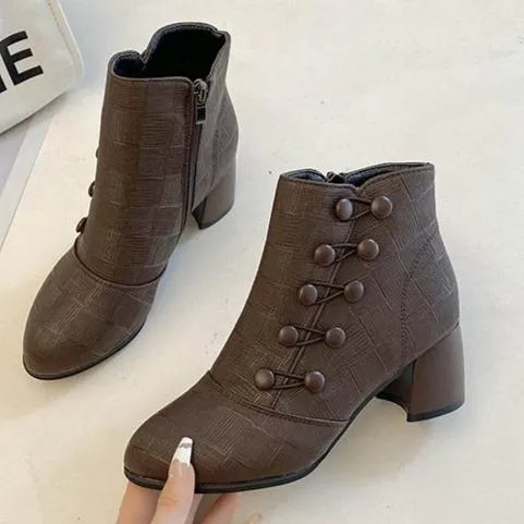 Women double breasted chunky heel side zipper ankle boots