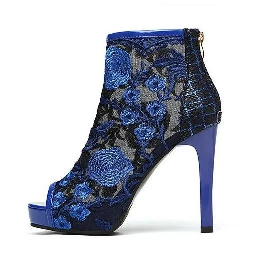 Women embroidered flower sexy peep toe stiletto high heel boots