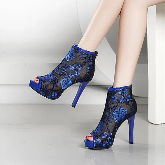 Women embroidered flower sexy peep toe stiletto high heel boots