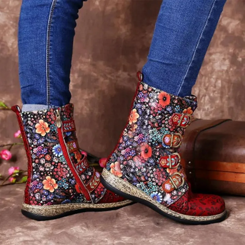 Women New Fashion Folk Custom Flower Printed Winter Fall High Cut Buckle Strap Flat Boots