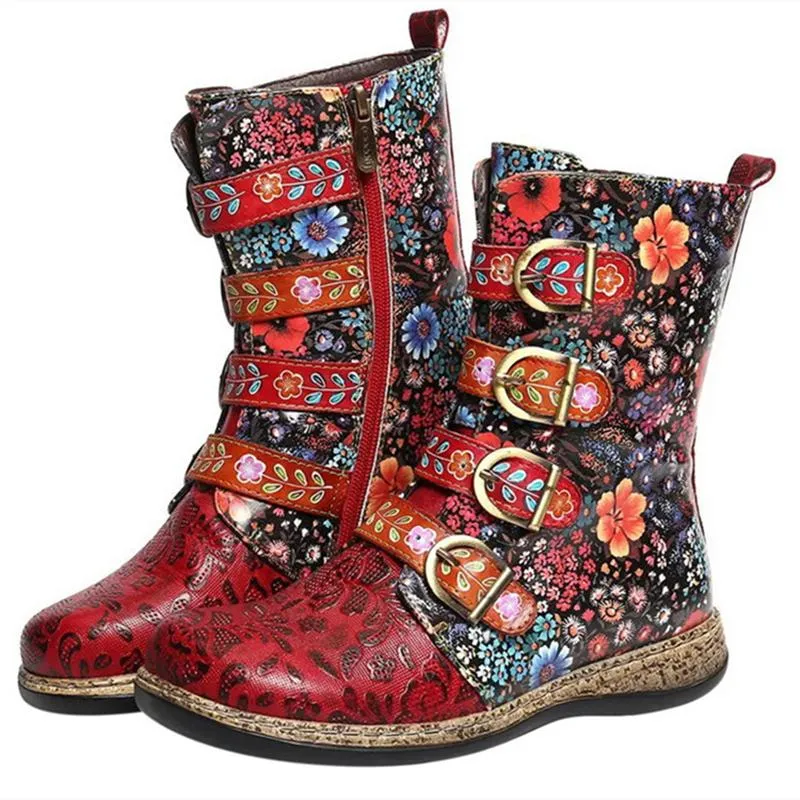 Women New Fashion Folk Custom Flower Printed Winter Fall High Cut Buckle Strap Flat Boots