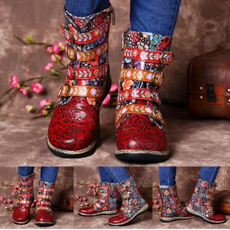 Women New Fashion Folk Custom Flower Printed Winter Fall High Cut Buckle Strap Flat Boots