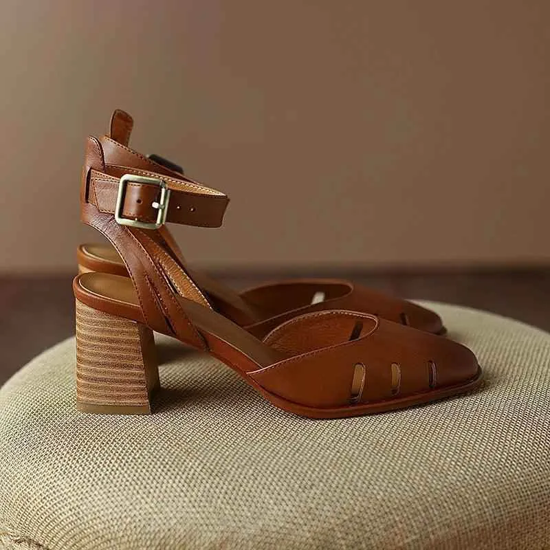 Women's Casual Shoes - Leather Chunky Heel Sandals - TSS135