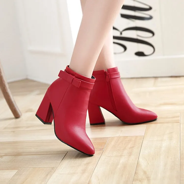 Women's Pu Leather Pointed Toe Bow Tie Side Zippers Block Chunky Heel Short Boots