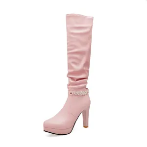 Women's Rhinestone Buckle Straps Side Zippers Block Chunky Heel Platform Knee High Boots