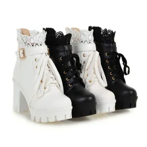 Women's Round Toe Lace Up Lace Chunky Heel Platform Ankle Boots