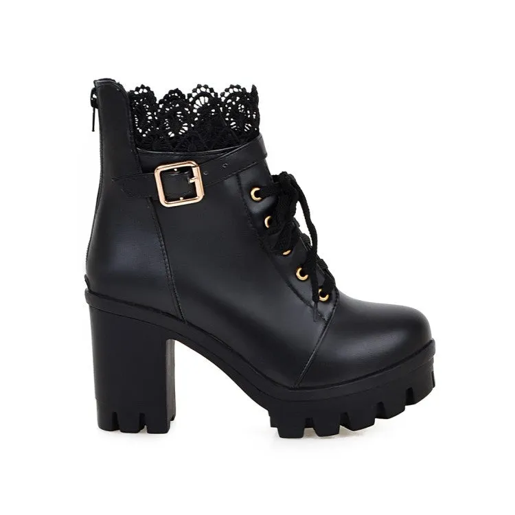 Women's Round Toe Lace Up Lace Chunky Heel Platform Ankle Boots