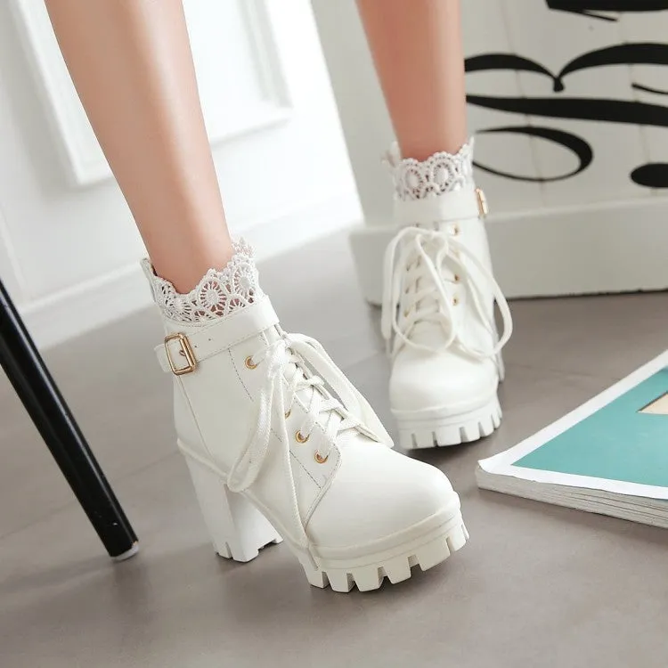 Women's Round Toe Lace Up Lace Chunky Heel Platform Ankle Boots