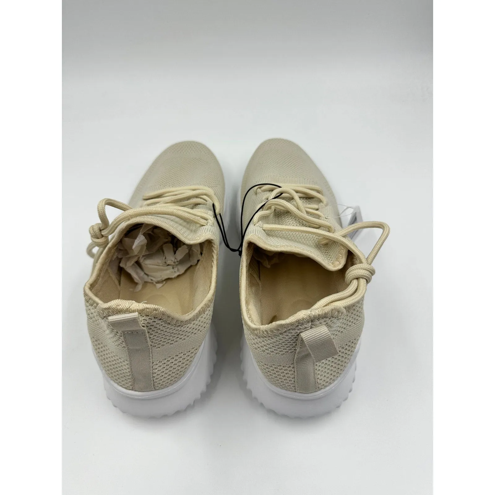 Women's Size 9.5, Beige and White Slip-On Knit Top Sneakers with Laces