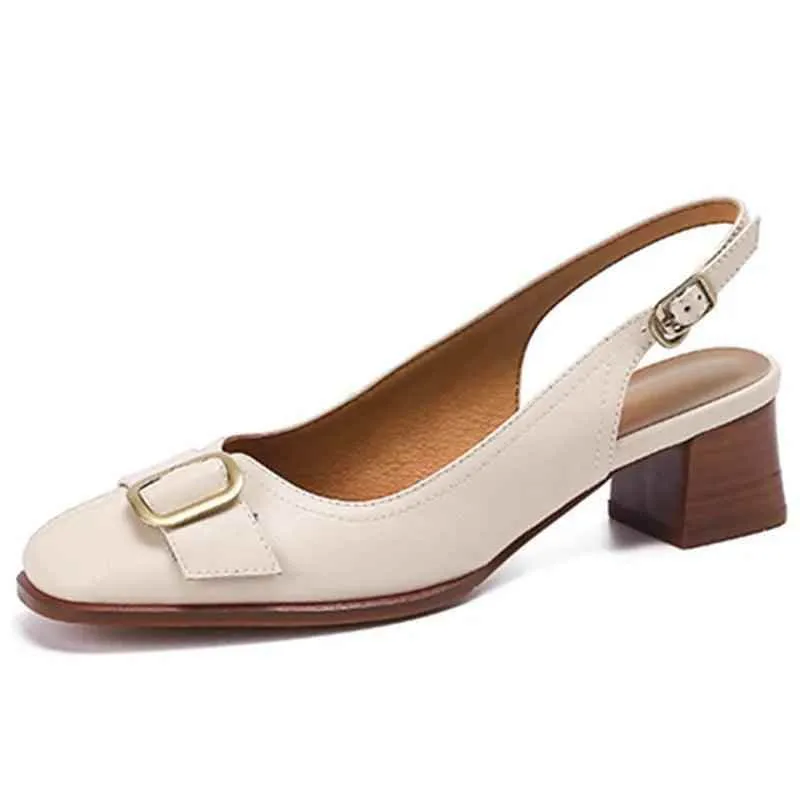 ZQB0114 Women's Casual Shoes - Leather Sandals - Square Med Heels