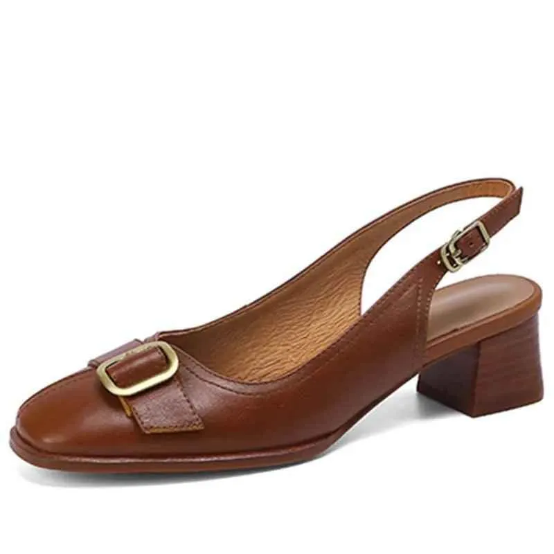 ZQB0114 Women's Casual Shoes - Leather Sandals - Square Med Heels